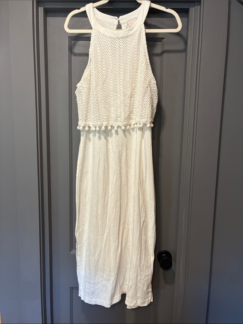 Anthropologie White Crochet Pom-Trim Casual Midi Dress